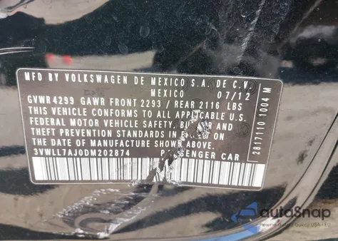 2013 Volkswagen Jetta 2.0L Tdi z USA, uszkodzony, nr VIN 3VWLL7AJ0DM202874